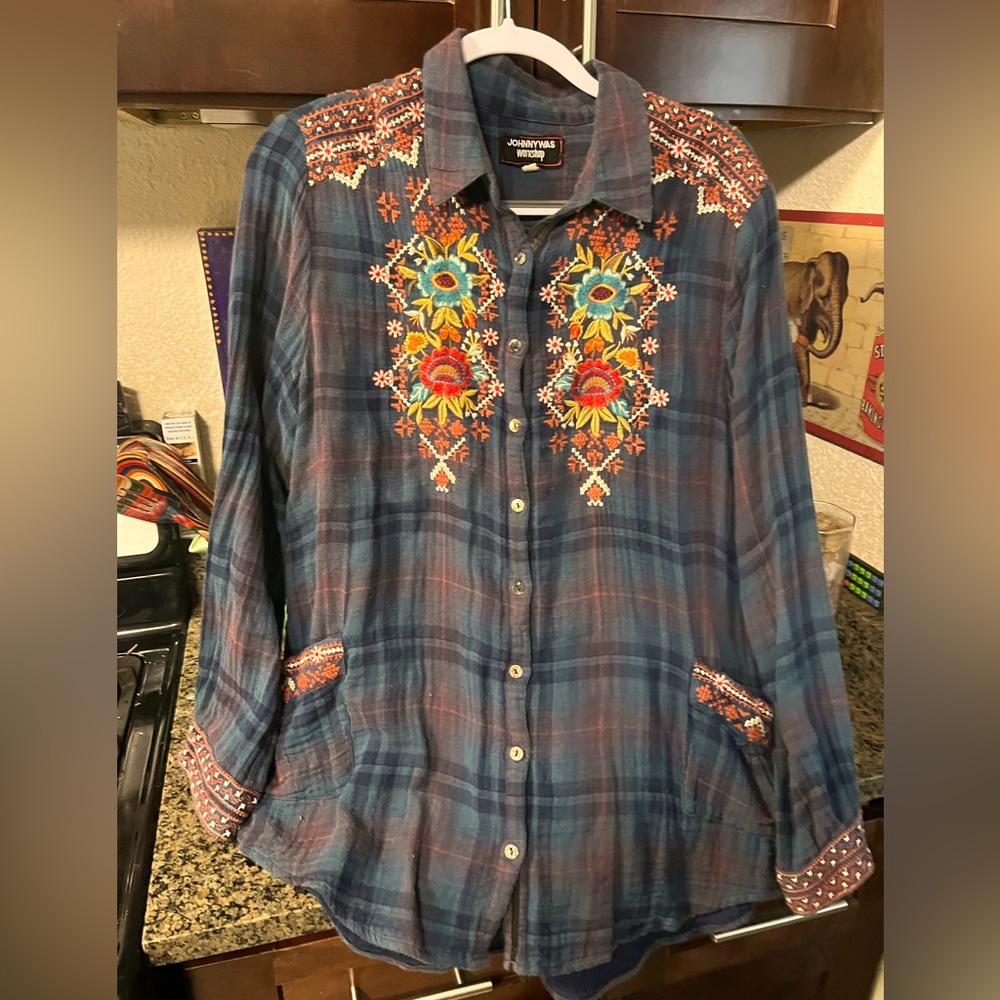 Johnny Was flannel embroidered Painters shirt Large